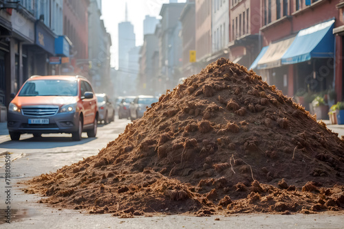 A big pile of manure on a city street. Farmers' protest