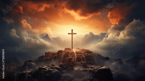 Holy cross symbolizing the death and resurrection of Jesus Christ with the sky over Golgotha Hill is shrouded in light and clouds. Apocalypse concept