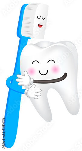 Cute cartoon tooth character hug with brush. Happy valentine's day. Illustration