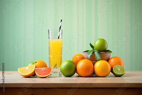 a set of actual citrus fruits beside a tall glass of juice