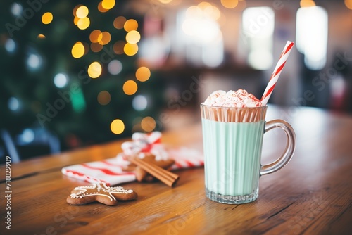 hot chocolate with peppermint stick on wooden table