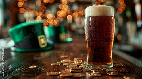 Pint of green Irish beer with a perfect foam head. Irish pub with St. Patrick's Day decor, green top hat, and gold coins. Horizontal banner with copy space. AI Generated