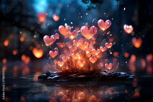 Valentines Day background with hearts on water surface. 3D rendering