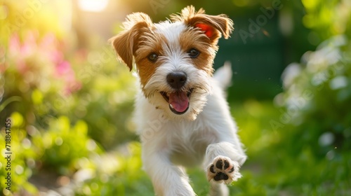 A joyful puppy prances in a garden with the golden sunset backlighting its playful moment