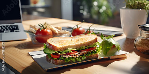 Close-up of laptop; coffee cup and sandwiches on chopping board against white background,