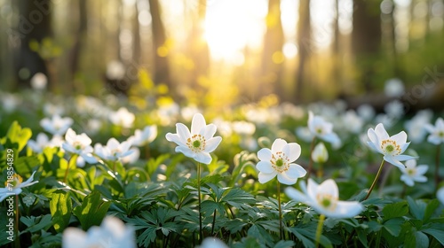 Beautiful white flowers of anemones in spring in a forest close-up in sunlight in nature. Spring forest landscape with flowering primroses.