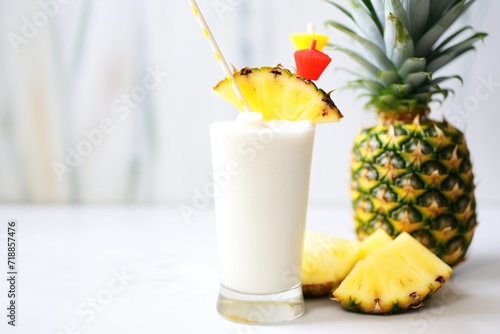 closeup of virgin pina colada with a slice of pineapple on the rim