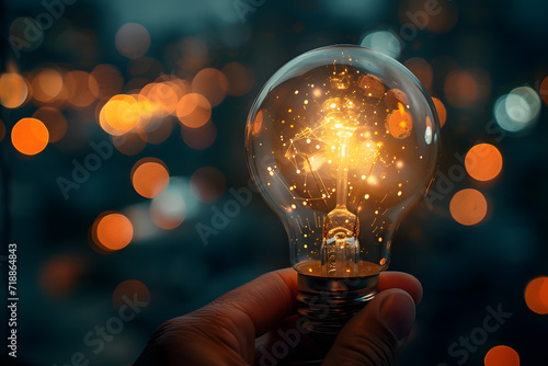 Brightly glowing light bulb symbolizes the emergence of brilliant idea.