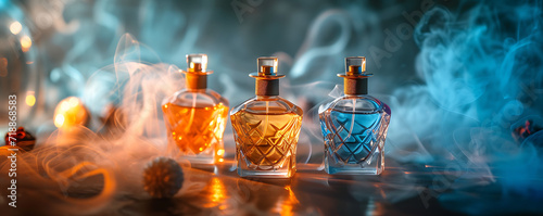 An arrangement of antique perfume bottles emitting ethereal fragrances, swirling together 