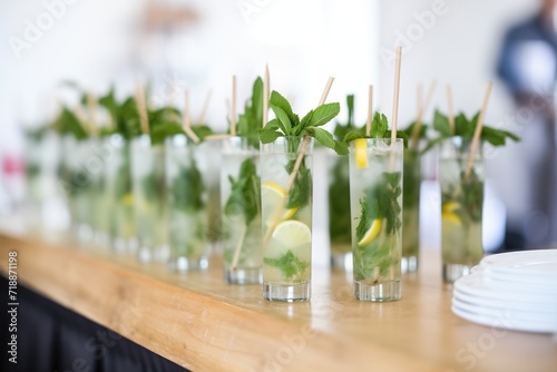 row of virgin mojitos ready for serving at an event