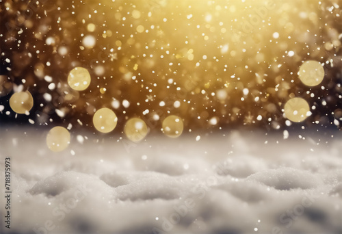 Neve Danzante- Sfondo Sfocato con Nevicata, Cornice per Cartoline Natalizie in Stile Vintage su Muro Dorato