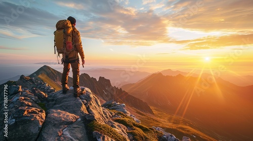 Man with backpack on the top of the mountain at sunset - Hiker climbing outdoors - Success, sport and personal growth concept