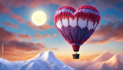 Ein Heißluftballong, gestrickt und in Herzform fliegt über eine wunderschöne Winterlandschaft in den Bergen