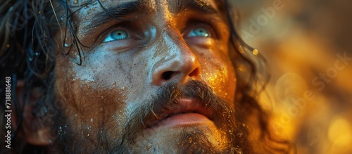 Biblical character. Emotional close-up portrait of a man with a beard and long hair looking up.