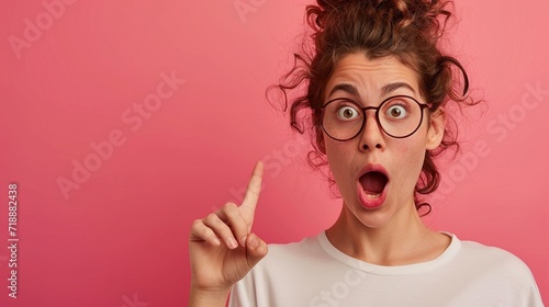 Portrait of impressed questioned person point finger self herself open mouth isolated on pink color background