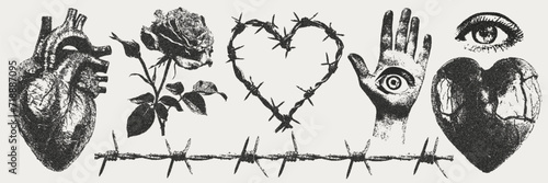 Elements with a retro photocopy effect. Gothic valentine's day concept. Broken heart, barbed wire and other trendy Y2K elements. Grain effect and stippling. Vector dots texture. 