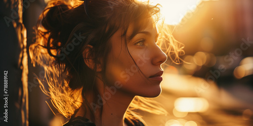 Young woman in sunset light, a city's evening glow softly illuminates her contemplative expression