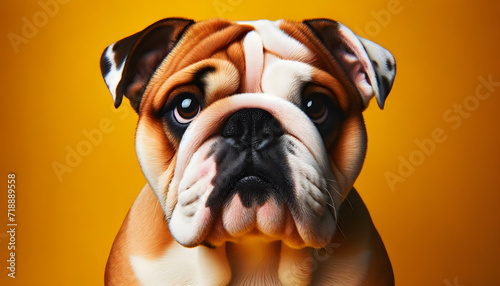 A close-up frontal view of a English Bulldog on a yellow background