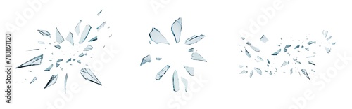 Shards of shattered glass. Pieces of broken glass isolated. Transparent background PNG. Pen tool cutout. Various patterns of broken glass bursts and explosions. 