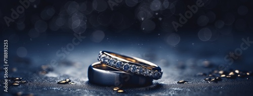 a diamond ring on a blue surface. wedding diamond ring. wedding panoramic banner.