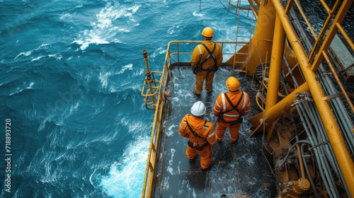 A tense moment captured as oil rig workers conduct an emergency drill, displaying teamwork and urgency, with safety equipment and the ocean backdrop