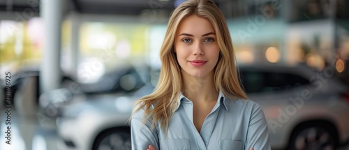 Professional car saleswoman in showroom. Auto dealership office. Car dealer business. Smiling woman in showroom
