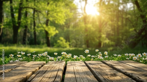 Wooden table and spring forest background
