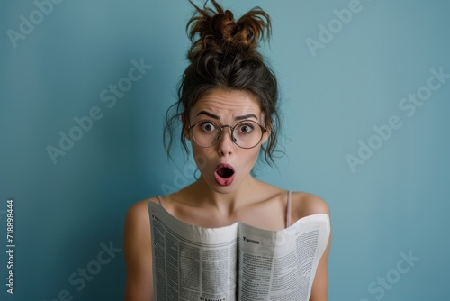 Pretty woman reading tabloid newspaper with anxious and scared face expression, fake news, panic, shocking stories, scaremongering