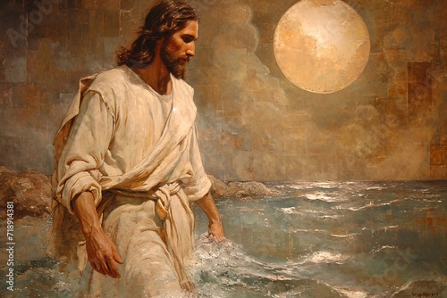 Jesus Walks on Water: A Painting of the Religious Figure in a Modern Setting Generative AI