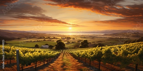 A panoramic view of a vineyard at sunset, with rows of grapevines bathed in warm, golden light.