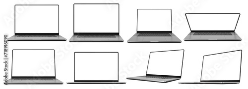 Laptop set with an empty screen in various configurations - different angles, perspectives, display settings. Isolated on a transparent background, automatic shadow cast. 3d render