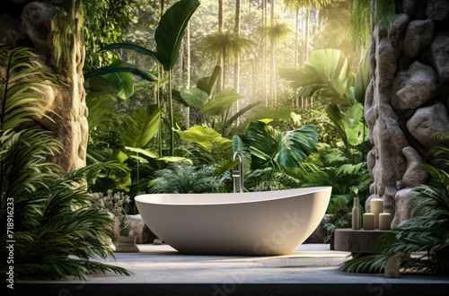 Open air stone bathtub. Beautiful view of outside bathroom on veranda with beautiful tropical garden view in luxury villa