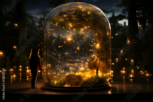 Beautiful fairy tale scene inside a glass dome in the forest at night
