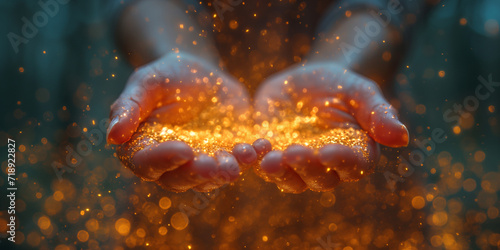Hände mit funkelnden fliegenden Teilchen als Energie Partikel mit Lichter Bokeh, ai generativ