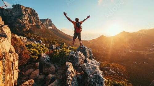 Happy man with arms up jumping on the top of the beautiful mountain - Successful hiker celebrating success on the cliff