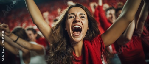 football Fans in red shirt celebration on big stadium during football game
