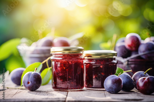 Close-up of plum jam and fresh plums in jars on the table against the backdrop of a natural bright garden 