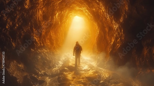 Adventurous Speleologist Expertly Navigating the Dark and Narrow Passages of a Mysterious Cave"