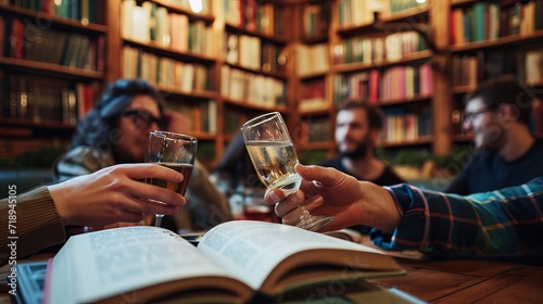 Friends Toasting with Books in Background