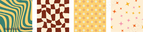 Trippy Grid, Wavy Swirl Seamless Pattern. Hand-Drawn Vector Illustration. Seventies Style, Groovy Background, Wallpaper. Flat Design, Hippie Aesthetic.