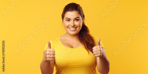 Young happy plump plus size woman showing thumbs up isolated on plain yellow background