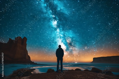 A man stands and watching with wonder and amazement as the milky way galaxy fill the night sky.