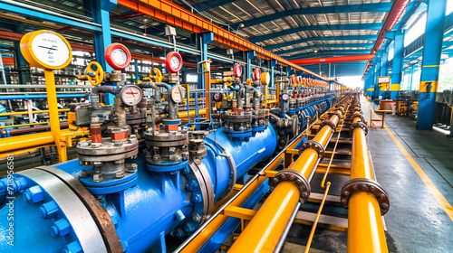 Industrial Steel and Metal Pipeline, Gas and Energy Power Plant Equipment with Blue Hues