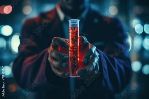 Close-up of a male scientist holding a test tube with red liquid. The concept of blood laboratory testing