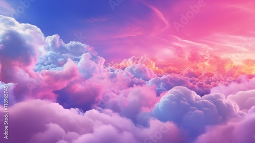 Pink, blue and purple clouds in the morning sky background pattern. Sunset or sunrise background. Decorative horizontal banner. Digital artwork raster bitmap illustration. AI artwork. 