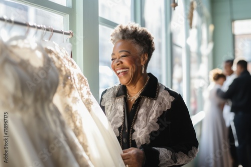 In a bridal boutique, a laughing and excited granny assists in choosing a wedding dress.