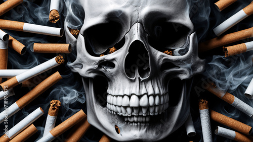 human skull with cigarette, no smoking, world cancer day