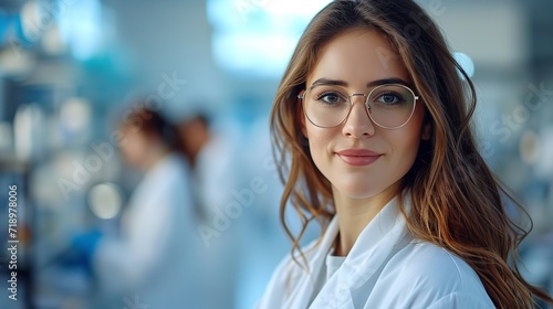 In an erasing medical science lab, an exquisite young scientist in a white coat and specs, Generative AI.