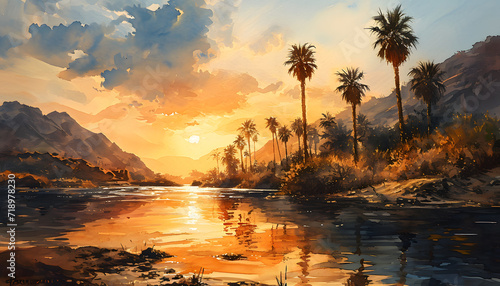 Lively digital artwork captures a tranquil tropical river at sunset, featuring palm trees and mountains against a warm, orange sky reflected in the water's surface