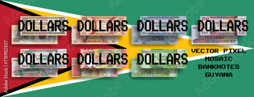 Vector set of pixel mosaic banknotes of Guyana. Collection of notes in denominations of 20, 50, 100, 500, 1000, 2000 and 5000 dollars. Obverse and reverse. Play money or flyers.